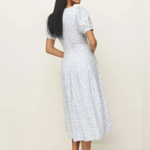 NEW Reformation Coucou Midi Linen Dress Hanna White Blue Floral | US 4 UK 8 - Picture 4 of 15